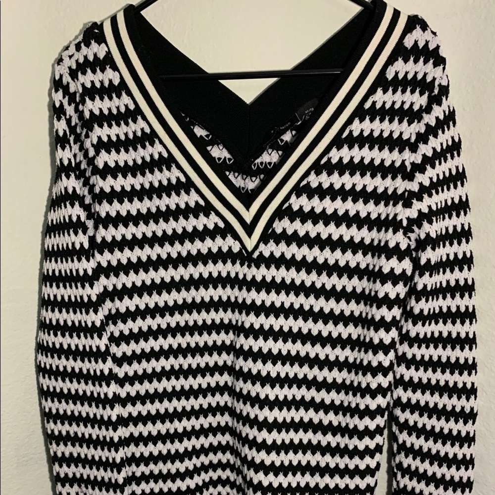 Kersh Black and White Striped V-neck Sweater